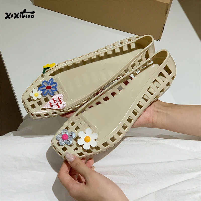 XIXITIAO Summer Women's Sandals French Crystal Casual Fashion Comfort Elegance Flat Hollow Jelly Shoes DIY Accessories Sandals view 3