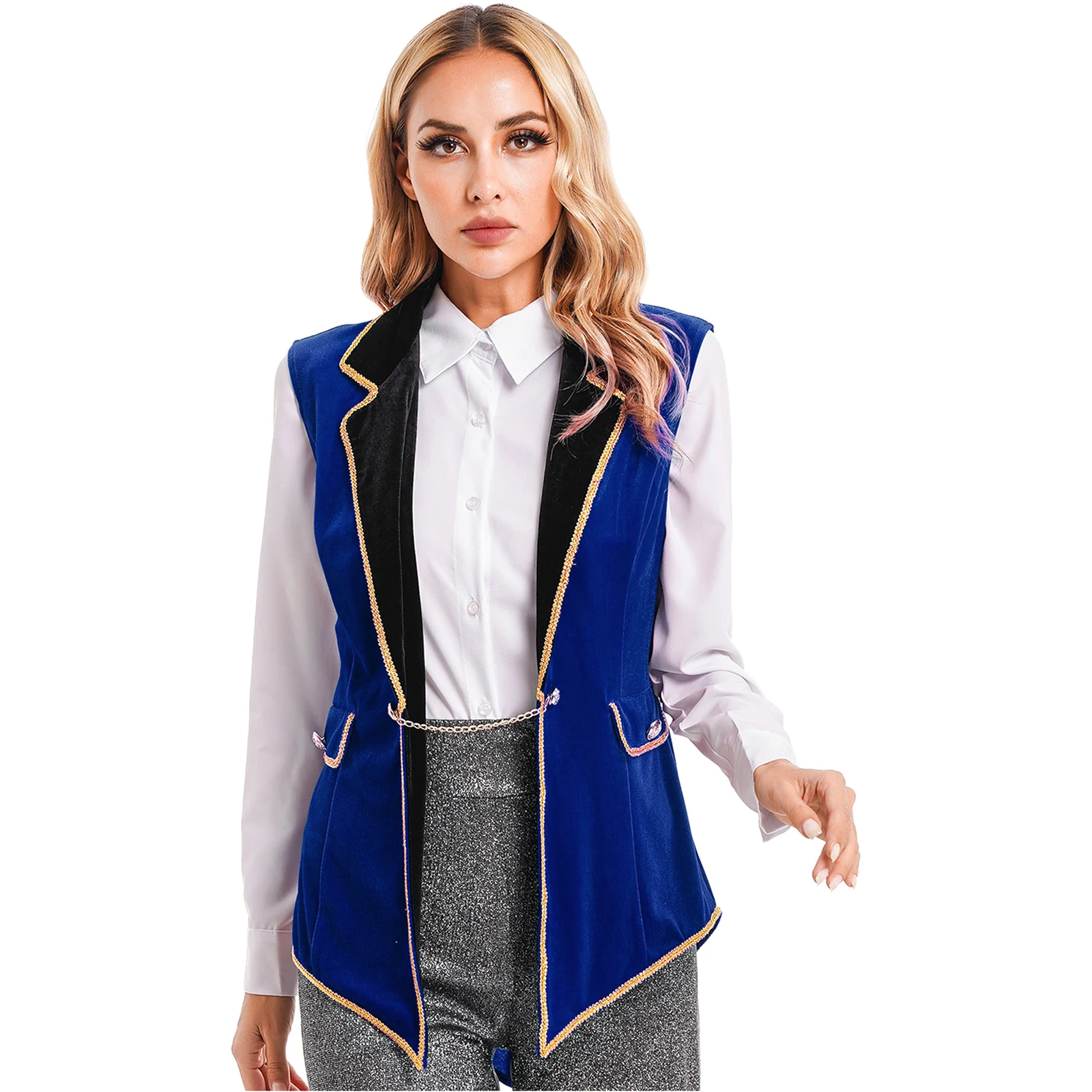 

Womens Circus Ringmaster Cosplay Costume Ball Halloween Theme Party Magician Style Tailcoat Lapel Sleeveless Velvet Jacket