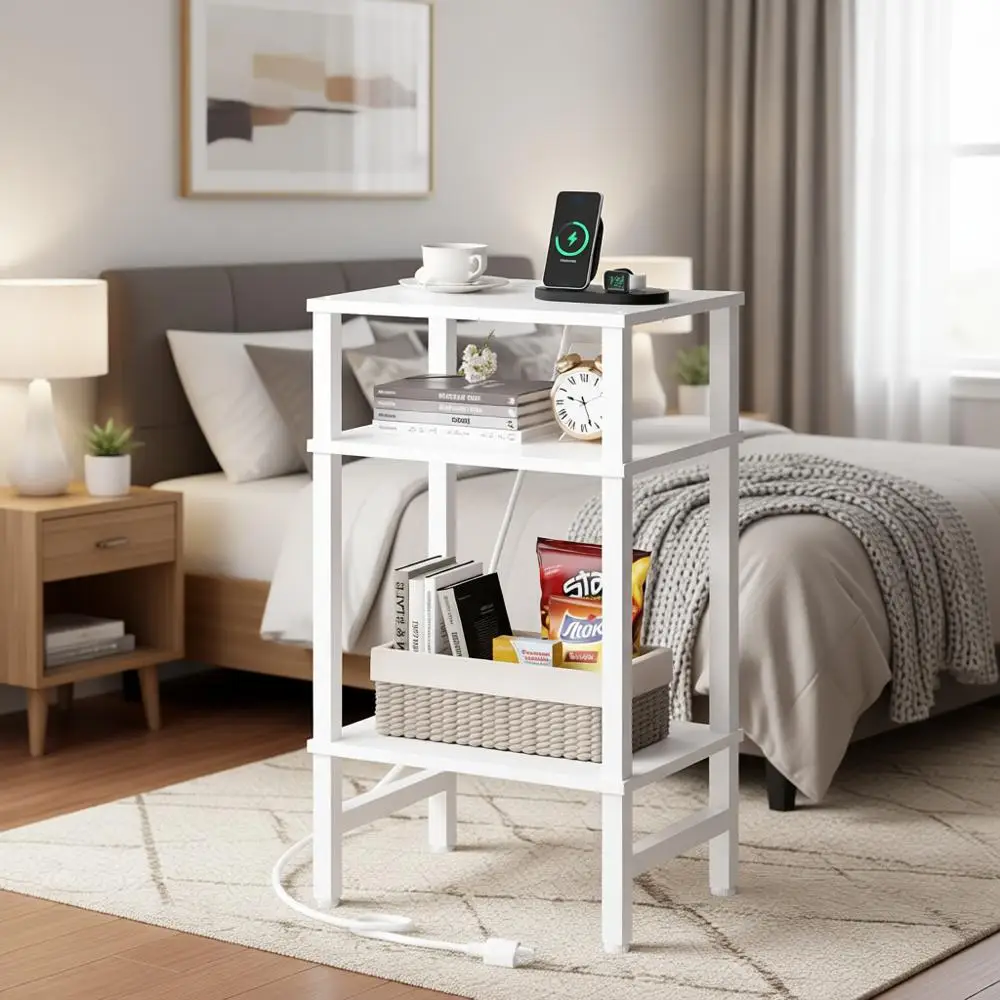 

3 Tier End Table with Storage and Charging Station, Tall Narrow Nightstand with Type C and USB Port, Small Side Table for Living