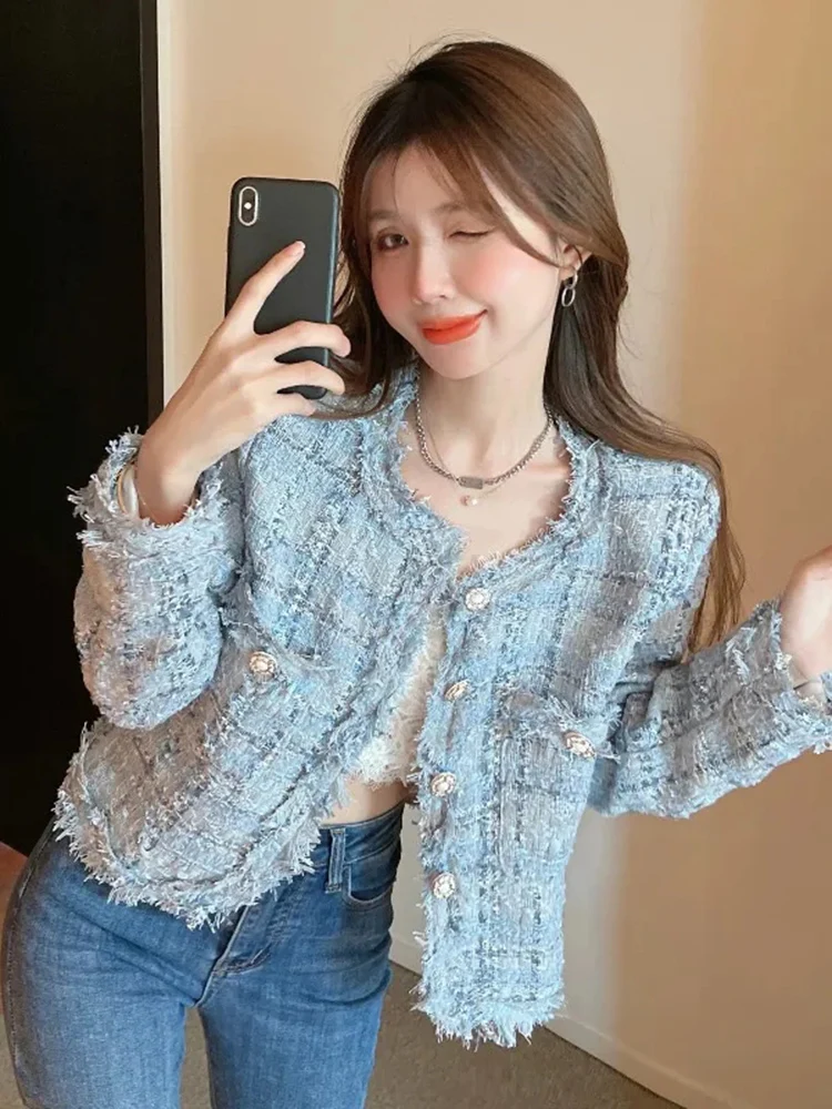 

Zoki Chic Tassel Slim Tweed Jacket Women Casual Sweet Long Sleeve Short Coat Korean Fashion O Neck Elegant Design Plaid Tops New