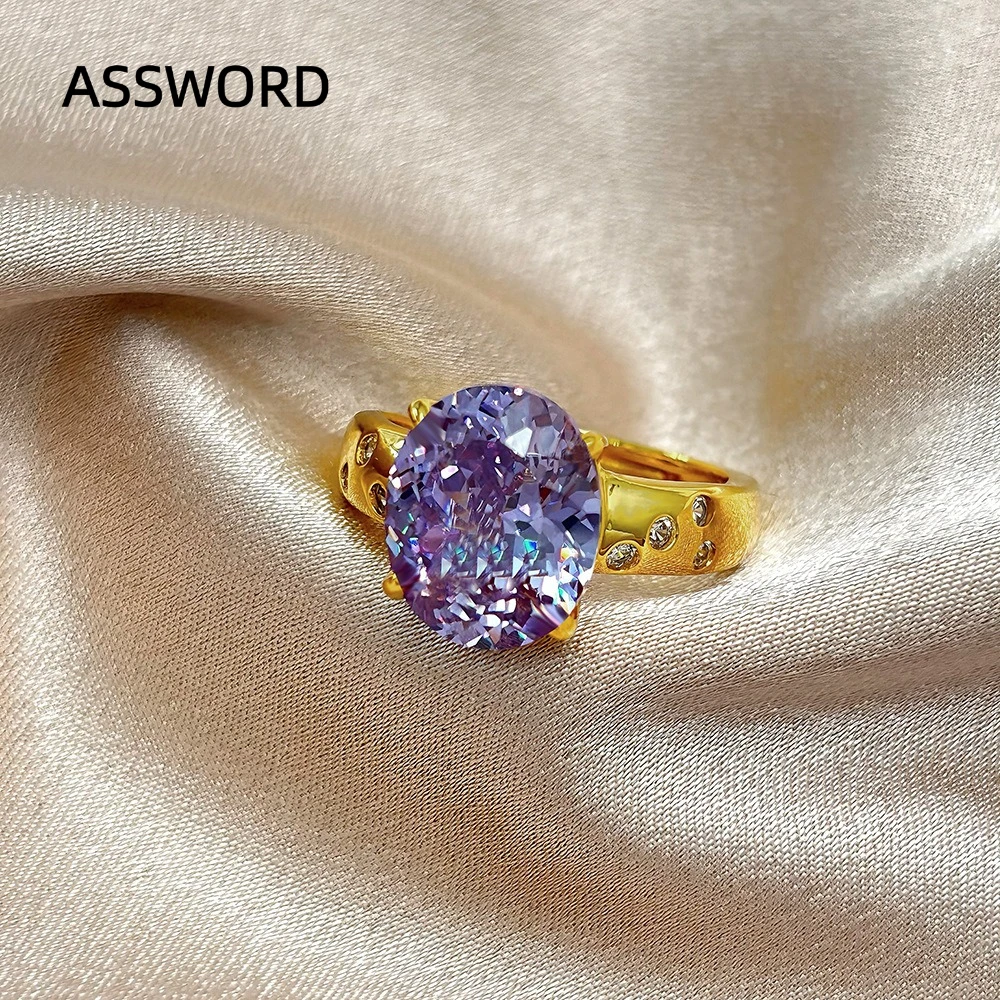 925 Sterling Silber Vergoldeter Ovaler Lila Moissanit-Ring Vintage Dickes Band mit Seitensteinen Eingelegter Ring für Damen Schmuck Geschenk – Detail 5