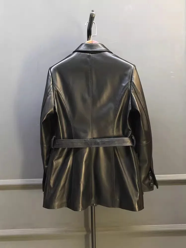 Punk Women Genuine Leather Jacket Autumn Single Breasted Slim Fit Retro High Street Real Sheepskin Medium Long Windbreaker Coat