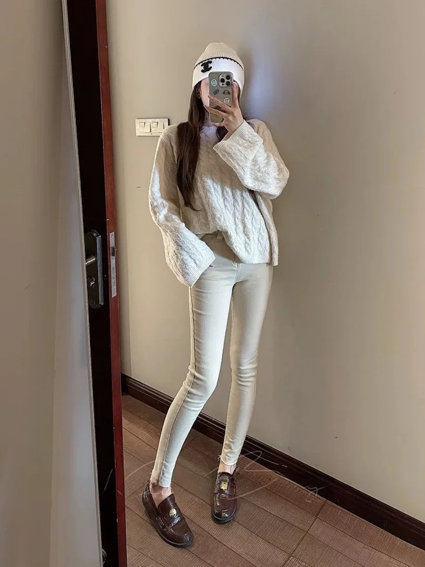 

Корейские джинсы Slim Fit с флисовой подкладкой для женщин, эластичные, стрейчевые, с высокой талией, из хлопкового стрейч-денима, на молнии