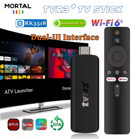 TVR3 8K Ultra HD Android 14 TV Stick Quad Core WiFi6 Bluetooth 5.4 Voice Media Player ATV Smart TV Box Rockchip RK3518 Dual UI