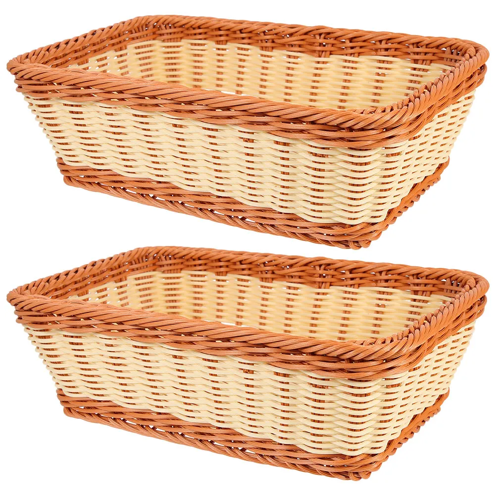 

2pcs Woven Storage Baskets Imitation Rattan Kitchen Organizer Fruit Bread Holder Desktop Sundries Box Portable Basket For Home