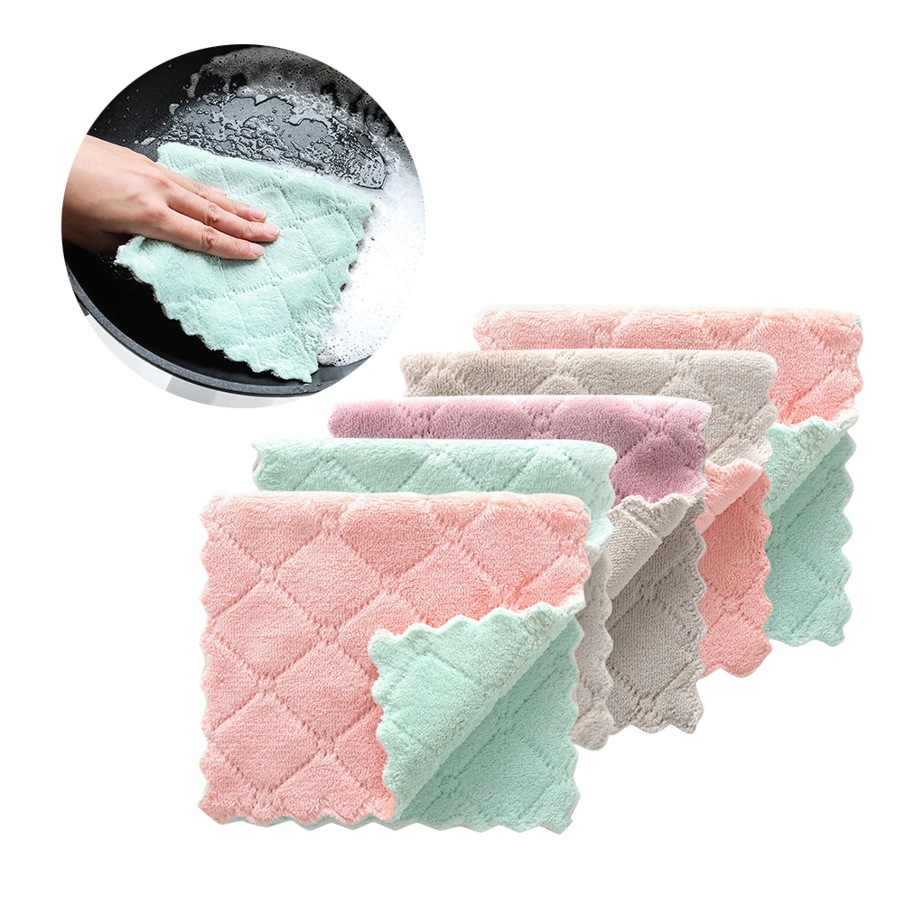 

5pcs Thick Double Layer Microfiber Dishcloth Absorbent Lint-Free Cleaning Towel Solid Color Multipurpose Kitchen Window