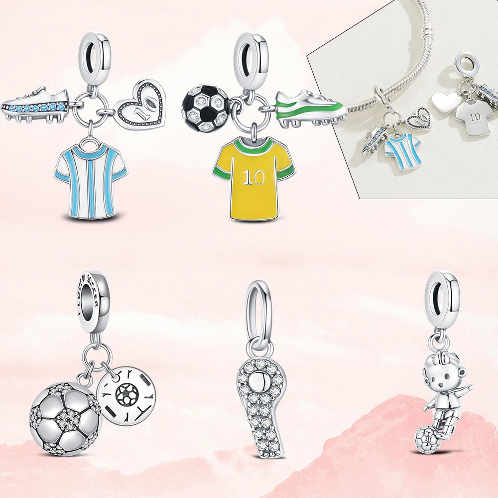 

925 Silver Football Charm Sports Brazil Argentina Football Star No. 10 Jersey Beads fit for original bracelet DIY jewellery gift