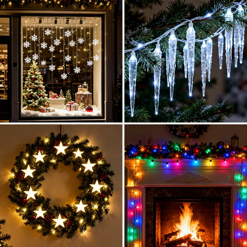 سلسلة إضاءة لتزيين فناء شجرة عيد الميلاد LED، أضواء جو الحفلات الاحتفالية للإبداع، أشكال نجمة مخروطية الثلج على شكل ندفة الثلج