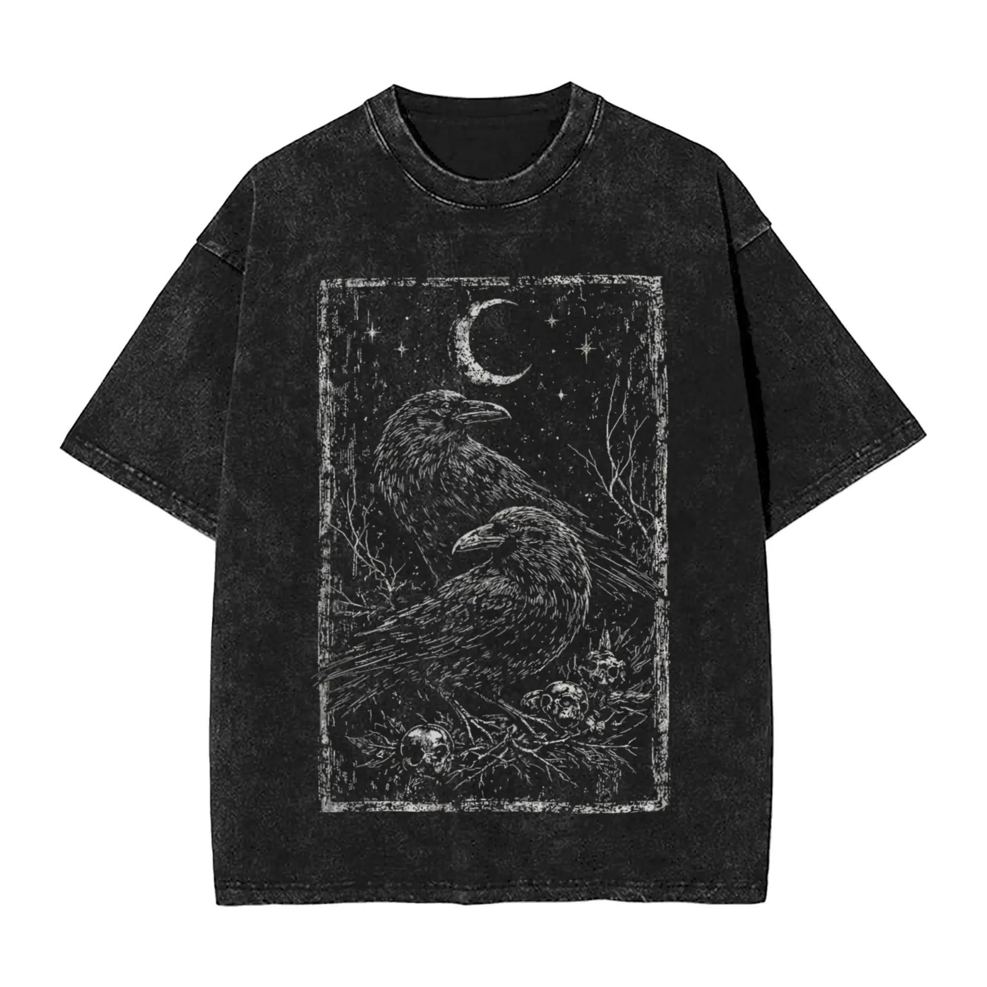 Vintage Washed Black Gothic T-shirt Men Women Occult Raven Skull Moon Print Loose Fit O-neck Short Sleeve Aesthetic Dark Tee
