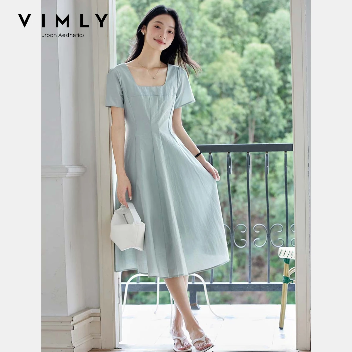 

VIMLY Blue Long Casual Lady Dress 2025 Women's Summer Elegant Vacation Square Collar Solid A-line Dresses Female Clothing A2587