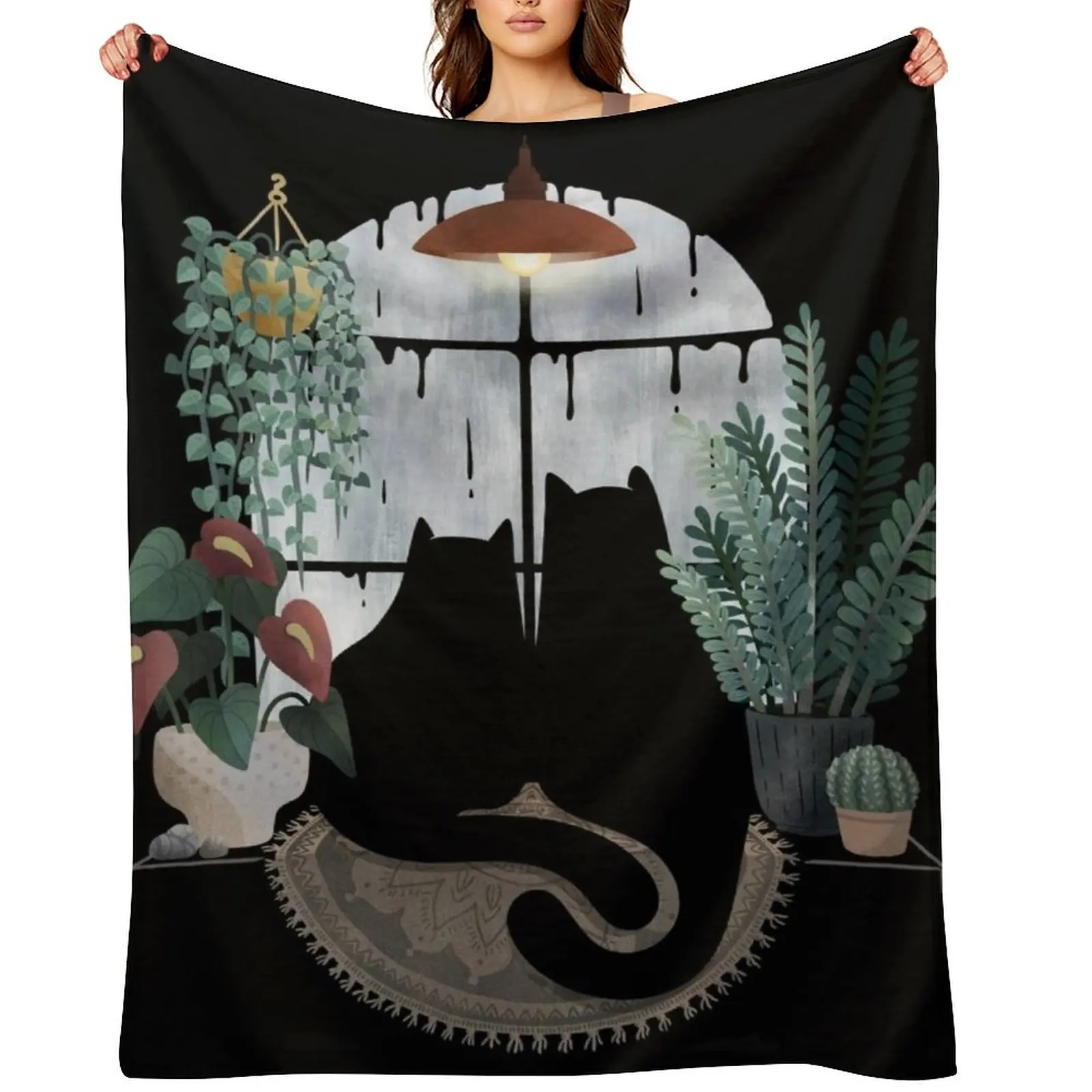 

Rainy Day Cats (on Black) Throw Blanket Cute Plaid warm for winter manga Flannel Fabric Blankets