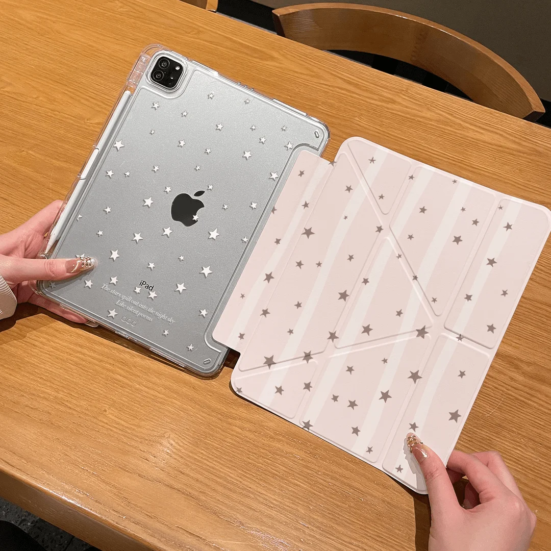 Cute Pink Striped Star Girl Y-Fold Tablet Case For iPad Pro 11 12.9 13 A16 M2 M4 M3 M5 5/6/7/8/9/10/11th Mini Air 3 4 5 6 Cover
