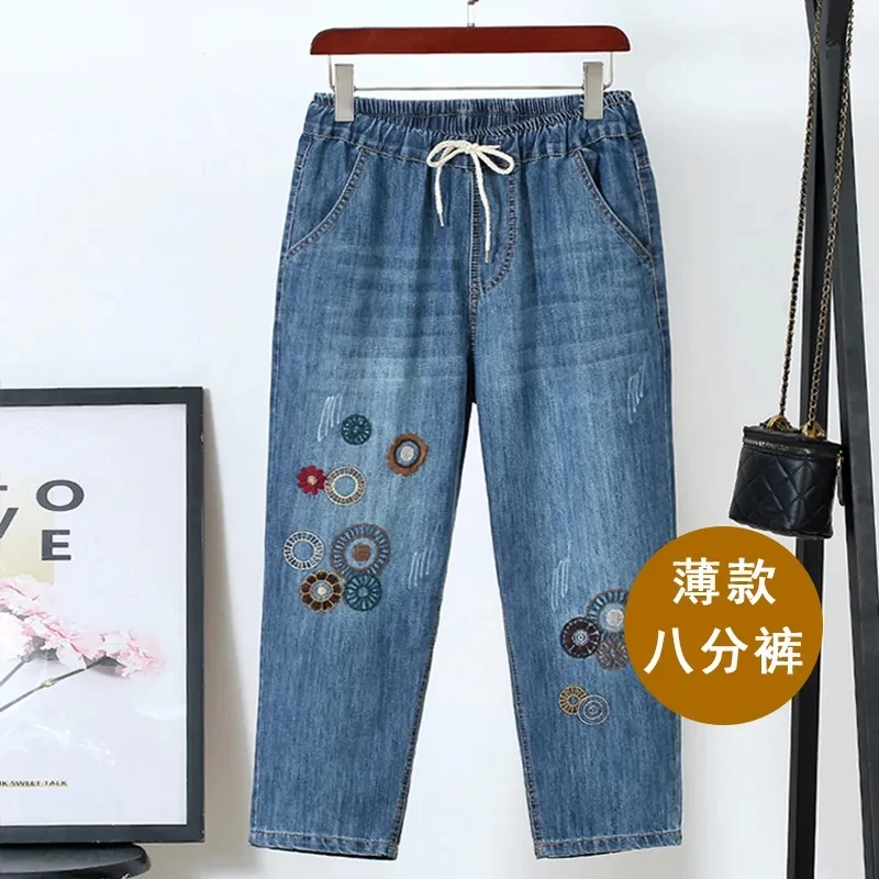 

Джинсы для мам с высокой талией, большие размеры, джинсовые брюки для женщин, винтажные брюки с эластичной резинкой на талии и вышивкой до щиколотки, мешковатые брюки