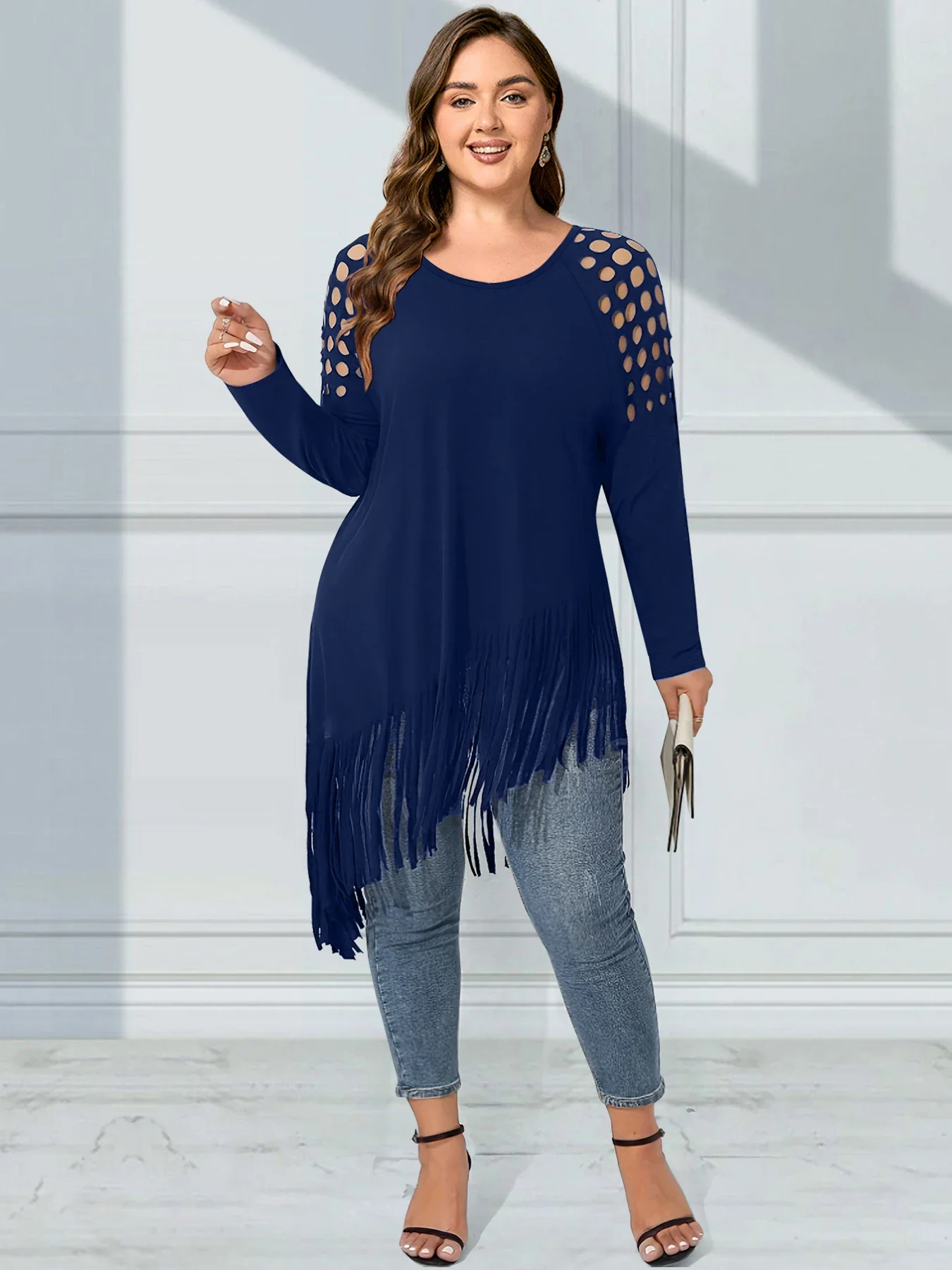 

Plus Size Women Asymmetric Tassel T-Shirt Hollow Out Round Neck Solid Casual Daily Spring Autumn Tee Tops for Women 2025