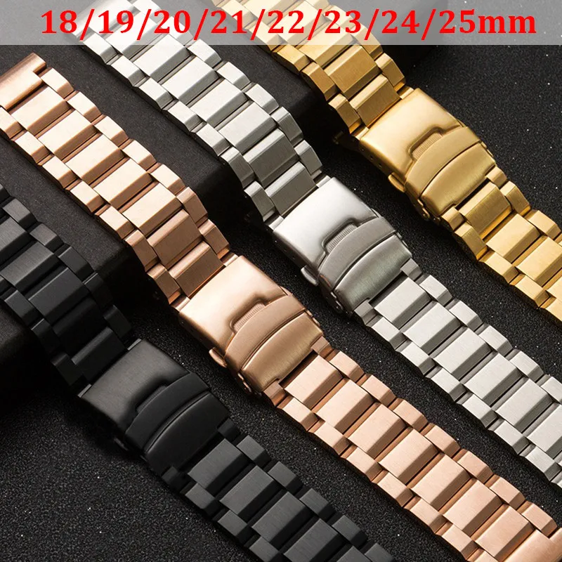 Solid Stainless Steel Watch Strap 18 19 20 21 22 23 24 25mm Metal Band Folding Buckle Universal Barcelet Women Men Watchband