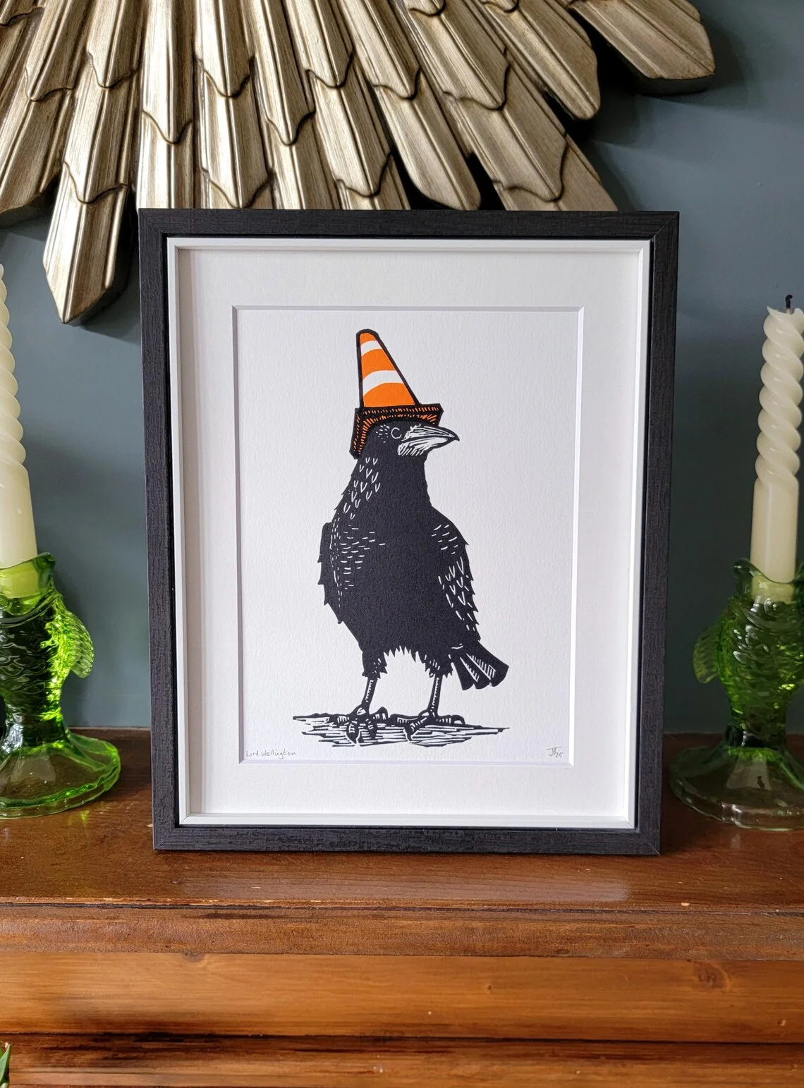 Lord Wellington – handgefertigter Original-Linocut-Krähenvogel-Kunstdruck