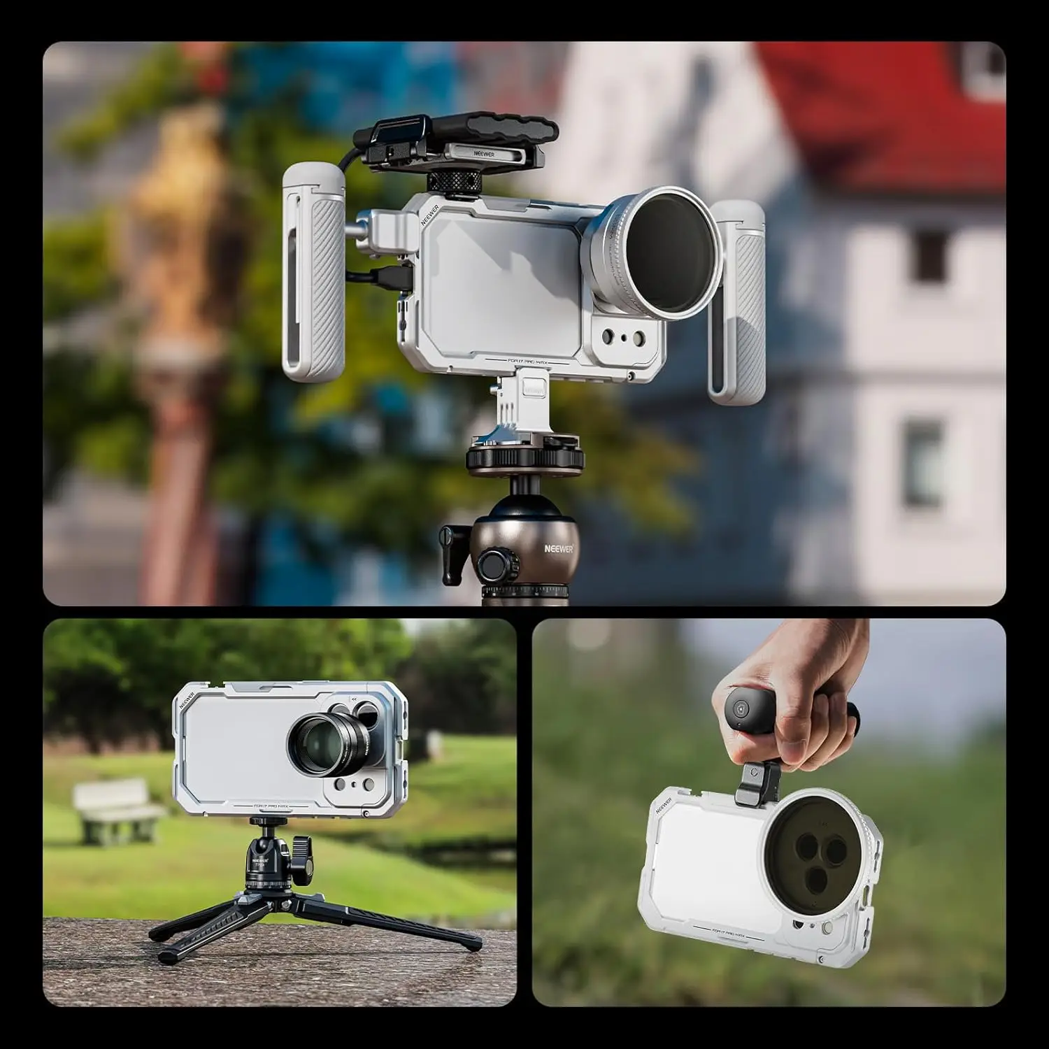 NEEWER مثبت فيديو قفص الهاتف متوافق مع iPhone 17 Pro مع حلقة مرشح 67 مم، لوحة خلفية للعدسة مقاس 17 مم باللون الفضي #1