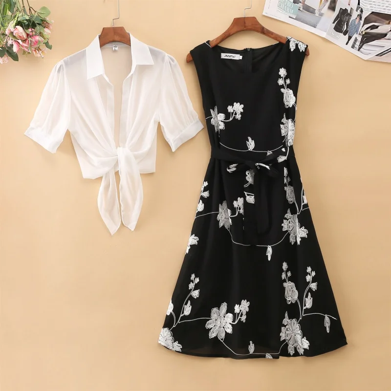 New Elegant Suit Two-piece Dress High Waist Sleeveless Slim A-line Skirt Floral Embroidery White Top Bow Belt Vintage  WOMEN