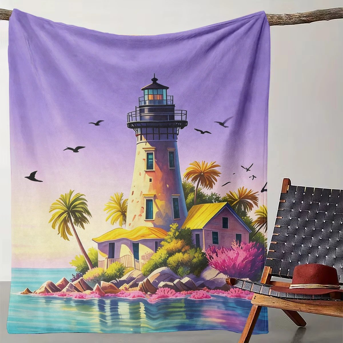 

1pcs Pink and Purple Twilight Island Lighthouse Blanket Tropical Coconut Grove Fresh Healing Blanket