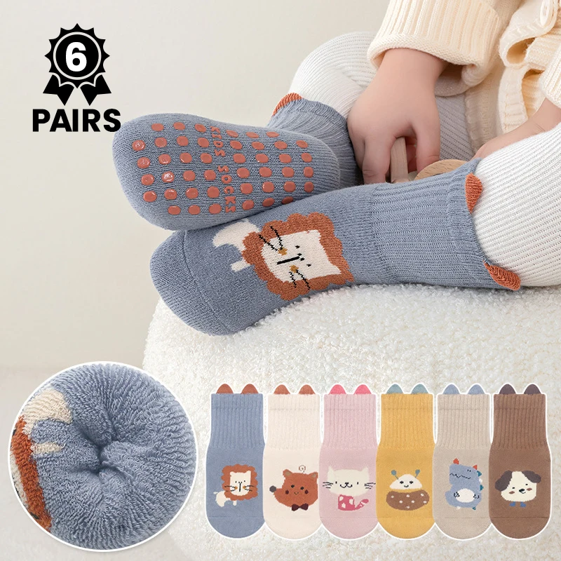 6 Pairs Cute Cartoon-Pattern Baby Anti-Slip Socks, Kid's Thick Looped Material Floor Socks, Warm Walking Socks