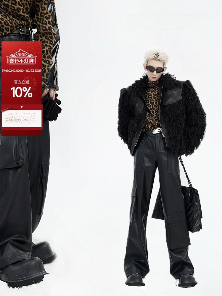 

American Retro Men's Leather Pants with 3D ket Design Casual Long Trousers Trendy And Haome Youth ular Sle