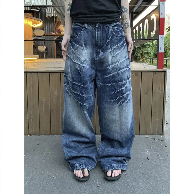 

Luckme American Retro Cleanfit Casual Crack Washed Straight Loose Wide Leg Jeans Men's Long Pants Cotton Stretch Denim