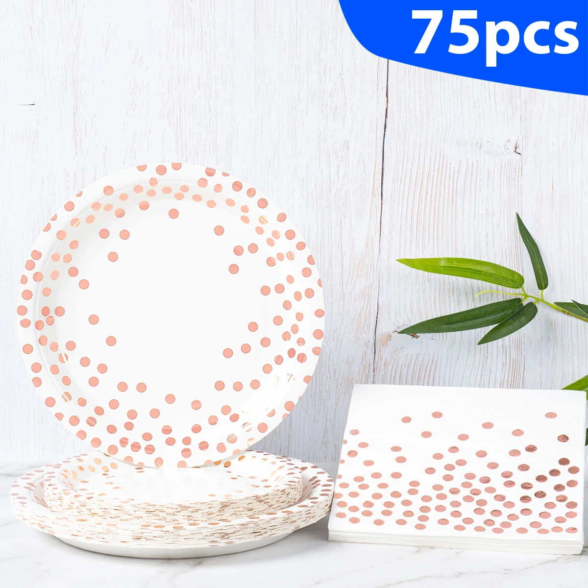 White Background with Rose Gold Polka Dots Disposable Tableware Set Paper Plates Napkins for Party Supplies Kitchen Tableware