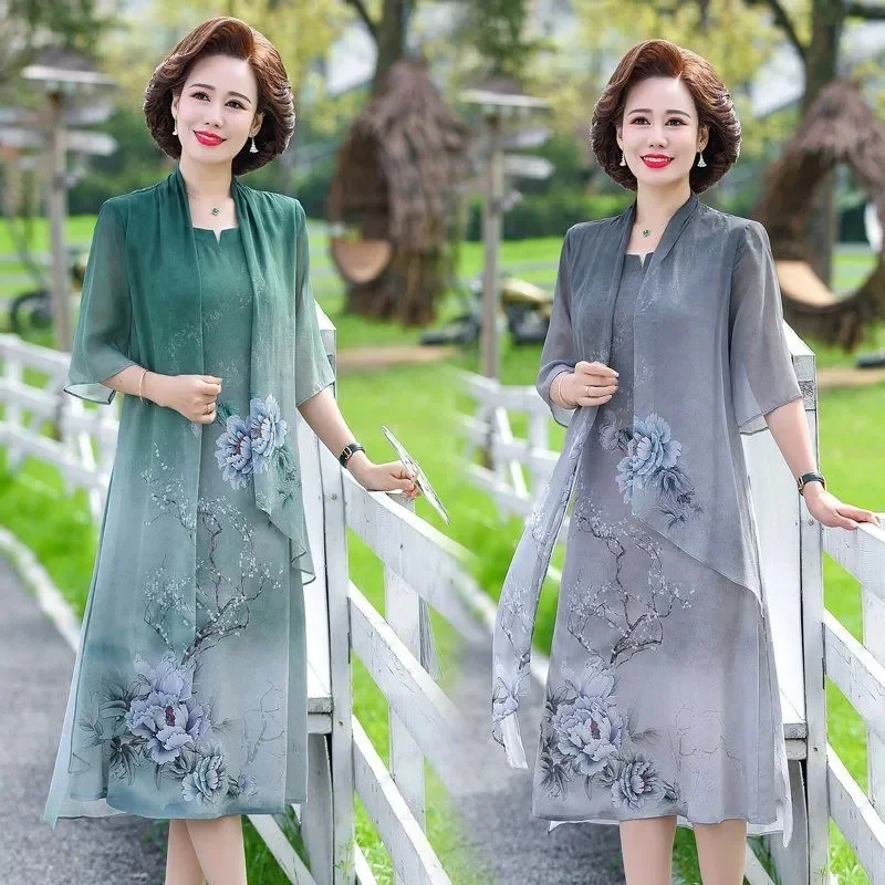 2024New Middle-Aged Mom Summer Fashion Dresse Cover The Meat High-End Western Style Middle-Aged Elderly Chiffon Mid-Length Skirt