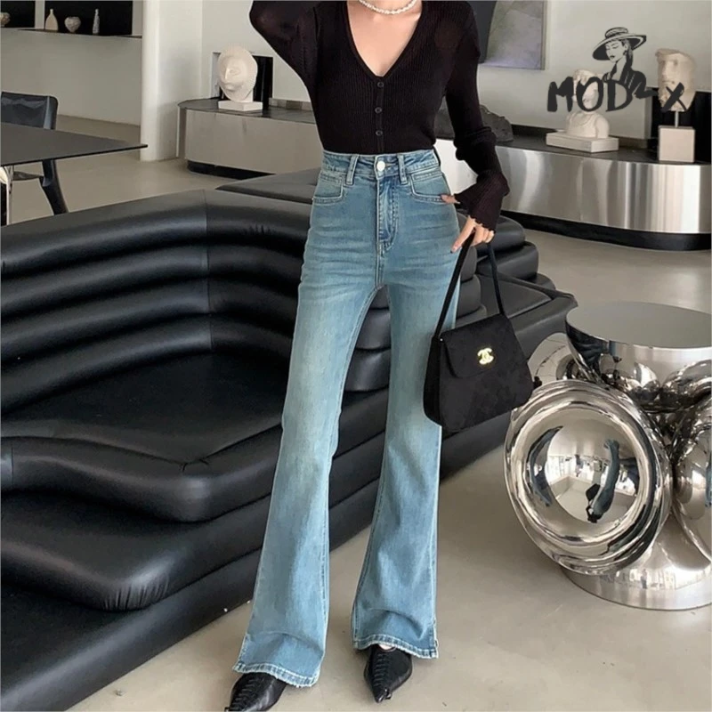 Bell-Bottom Pants for Women High Waisted Slimming Slit Lengthened Micro-cropped Denim Pants for Spice Girls Version of Good