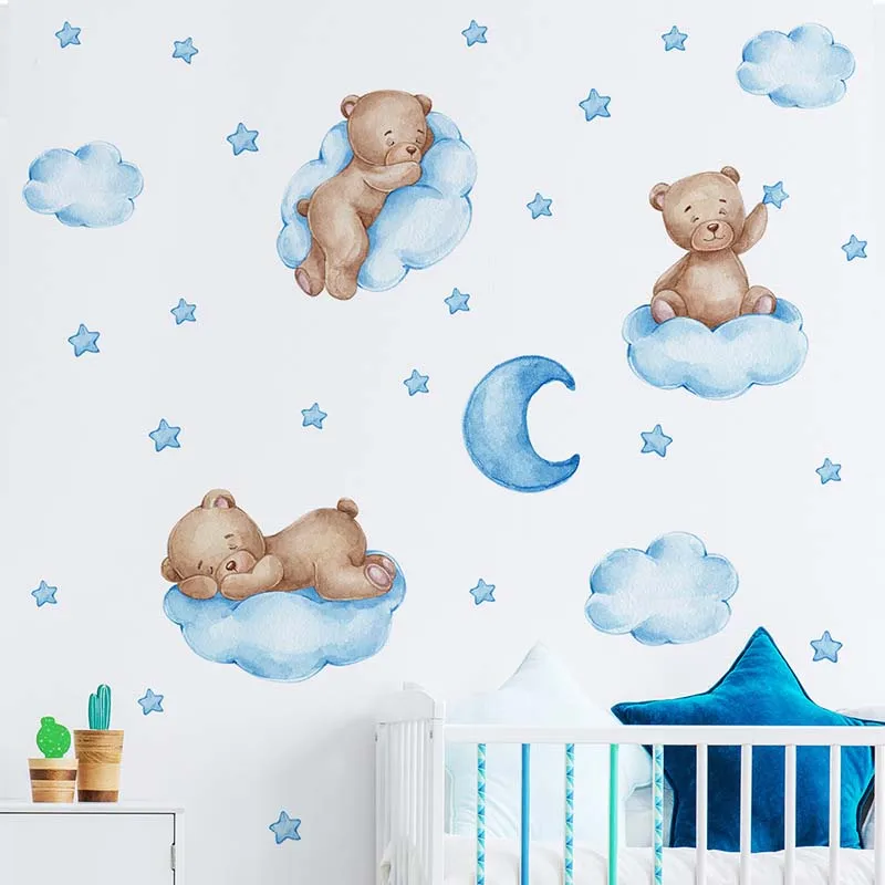 `Watercolor Sleeping Blue Bear Moon Star Cloud Wall Sticker Cute Teddy Bear Vinyl Decal For Baby Nursery Kids Bedroom Home Wall