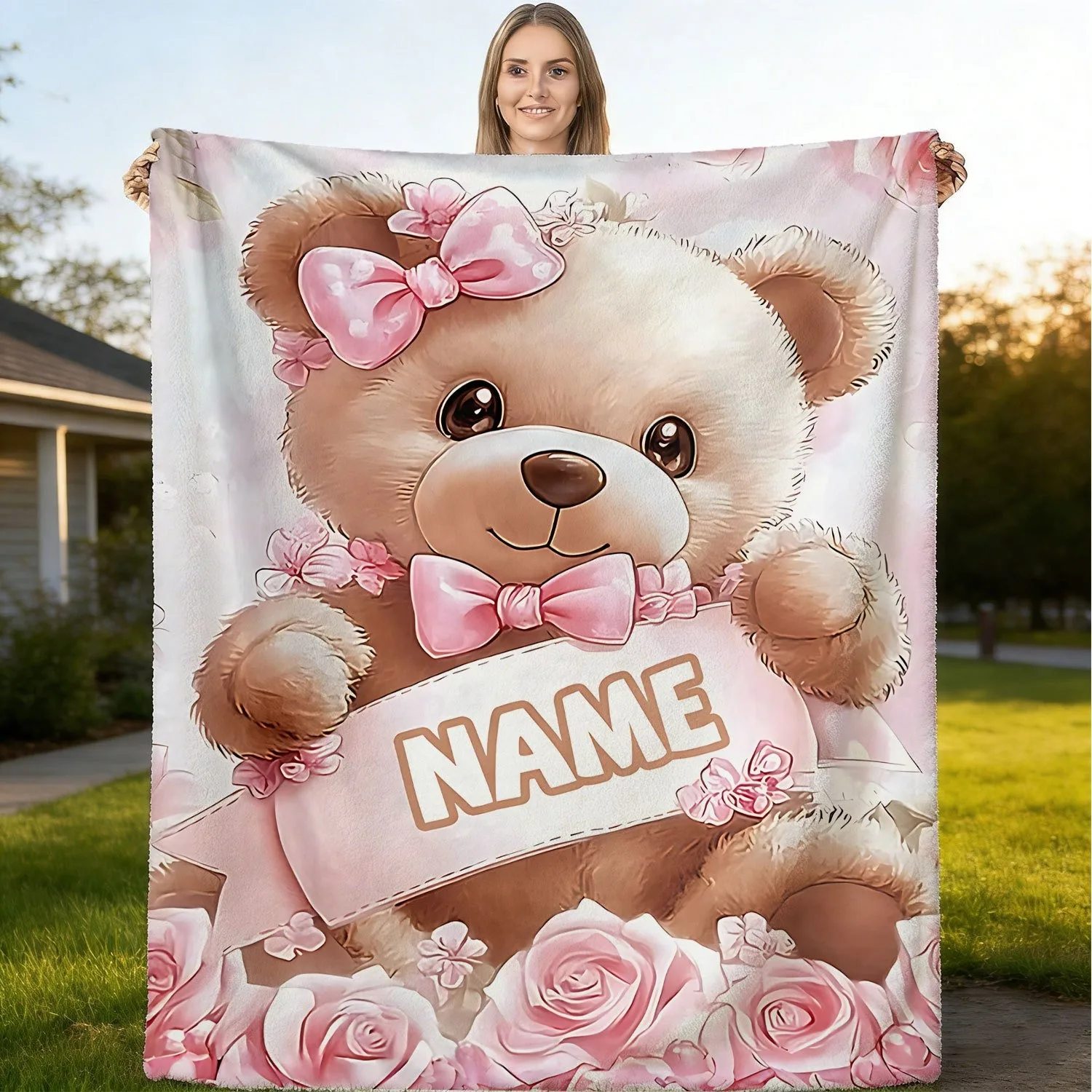 1Pc cute teddy bear exclusive customized outdoor blanket, soft and comfortable, versatile, durable material, home decoration