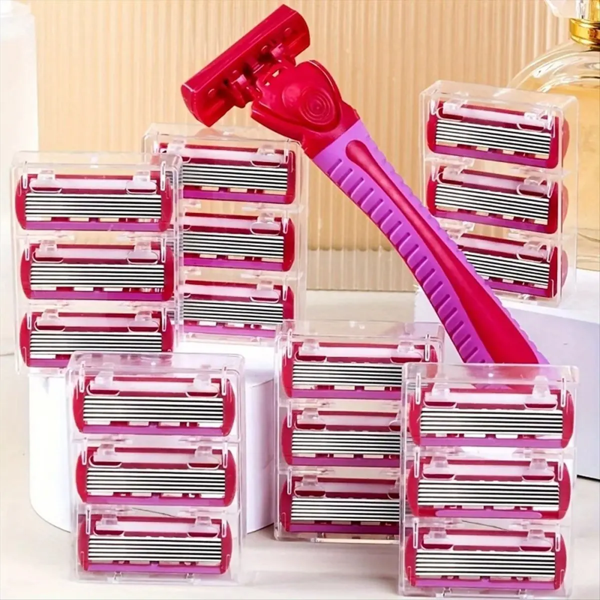 (AD11] 1 Handle + 18 Blades/Women Manual 6-Layer Stainless Steel Hair Removal Shaving Blades Replaceable Shaver Head Red