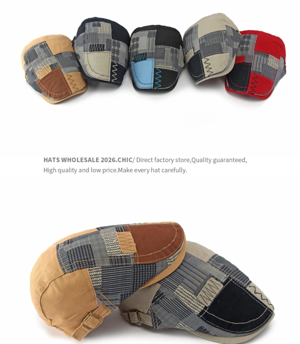 HT5142 Herren- und Damen-Baskenmütze, Retro-Künstler-Malermütze, Baumwoll-Flatcap für Männer und Frauen, Frühling, Sommer, Herbst, Patchwork-Baskenmütze – Detail 5
