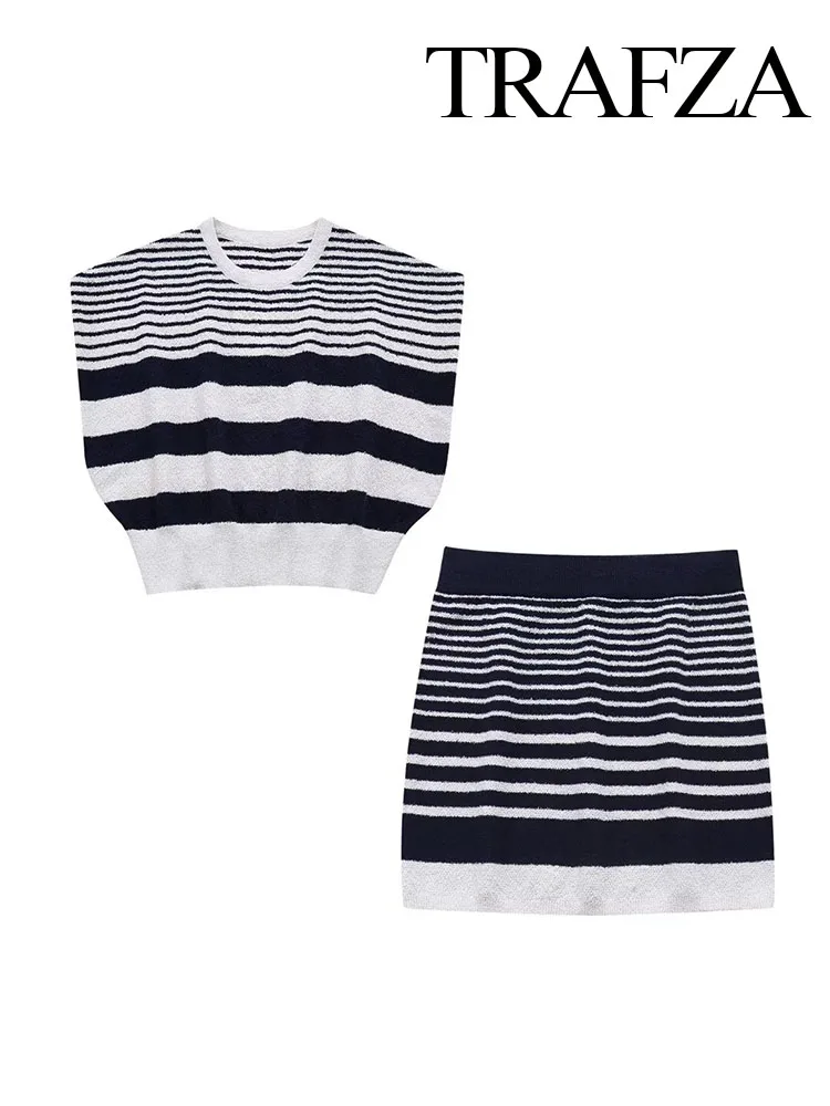 

TRAFZA 2024 Summer Women 2-Piece Set Chic Stripe Knitting Pullover Bodice+Fashion Hip Stitching Straight Casual Skirt Mujer TRAF