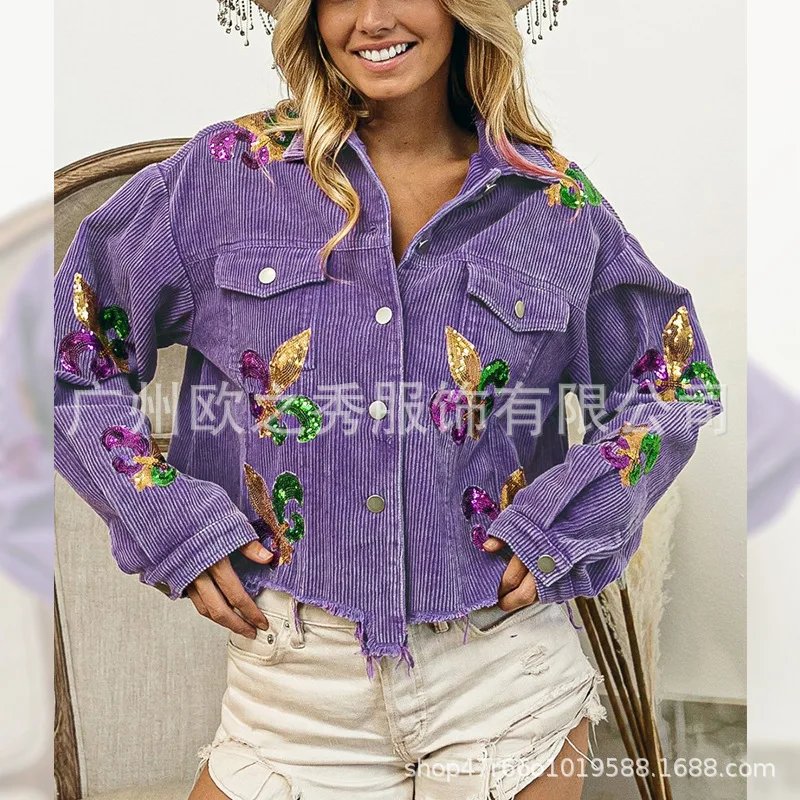 

Vintage Sequin Embroidery Corduroy Jacket Luxury Design Women's Clothing Irregular Coat Loose Streetwear Baseball Jacket New