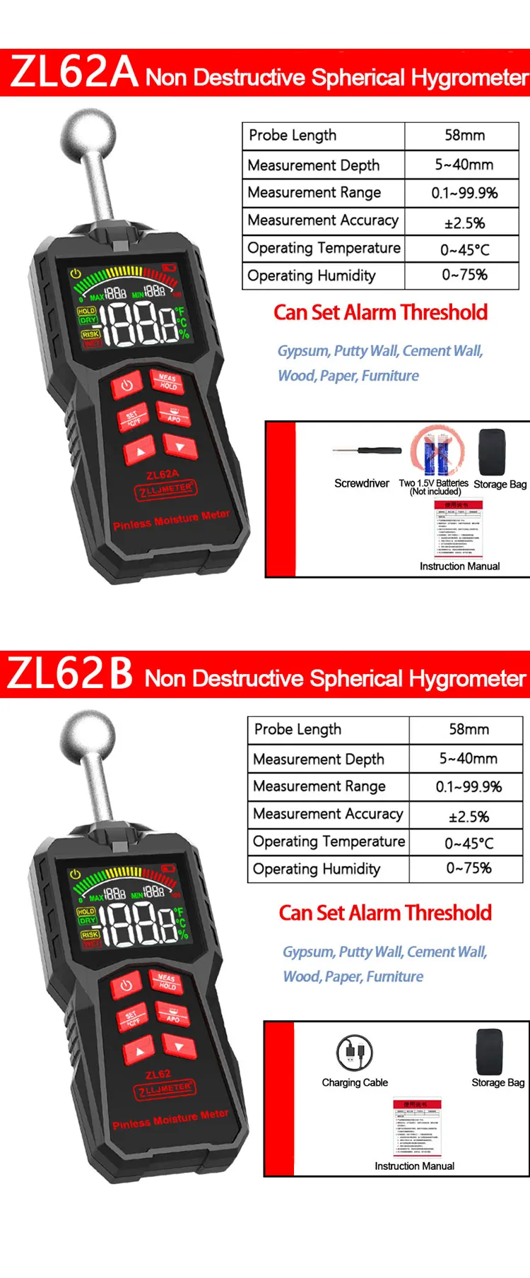 Stiftloses Feuchtigkeitsmessgerät mit Kugelfühler für nicht rostfreie Mois-Bereichsscans, ideal für Holzwände, Materialien, Feuchtigkeitsalarme, Taschenlampe – Detail 8