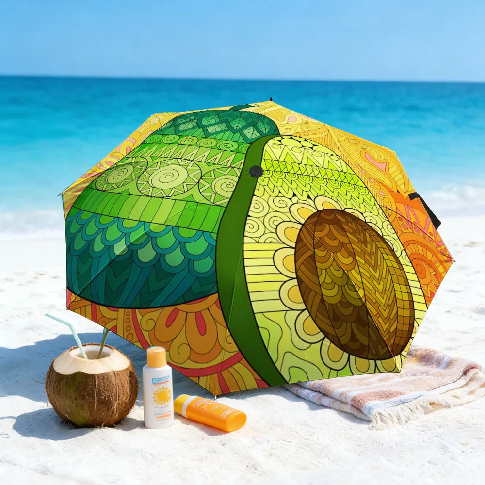 1PC Colorful Avocado Umbrella by a Serene Lakeside Print 8 Iron Ribs Folding Umbrella Auto-Open Fashion Sunshade