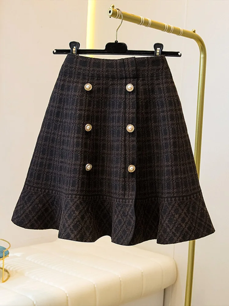 

Юбка А-силуэта с высокой талией в клетку, вязаная, для женщин больших размеров, утягивающая, весенняя, модная, повседневная, без разрезов, с эластичной талией