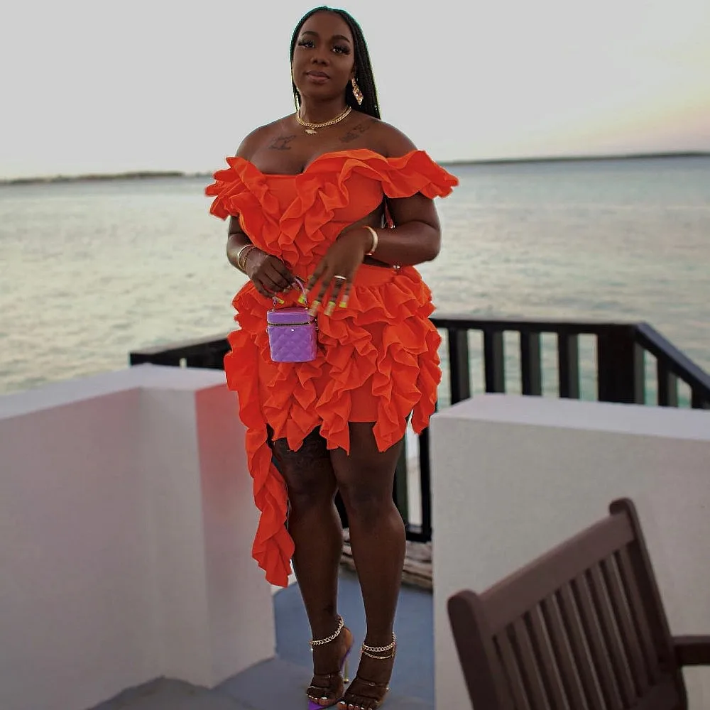 Dark orange Plus Size Cocktail Dresses Off The Shoulder Ruffles Holiday Women Formal Wear  Christmas New Year Gowns