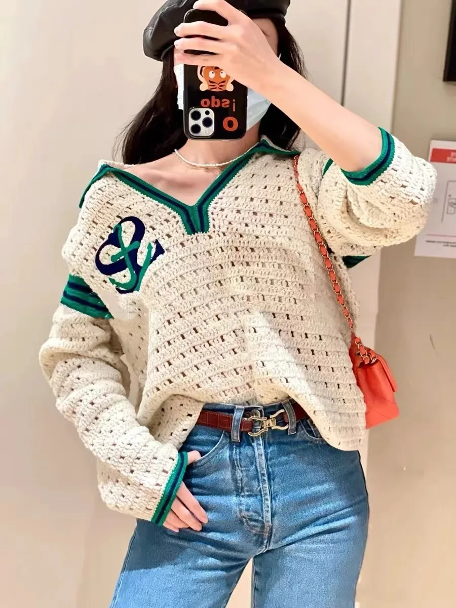 2024 Brand S Autumn Sweater French New Micro Hollow Wool Long Sleeve Thick Needle Embroidered Letters Knitted Jumper