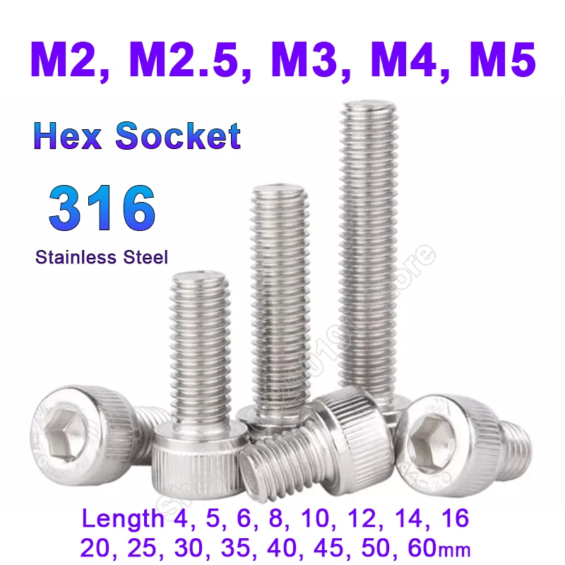 

M2 M2.5 M3 M4 M5 DIN912 316 A4 Stainless Steel Allen Head Bolt Hexagon Hex Socket Head Cap Screw Cylindrical Head Lengthen Bolts