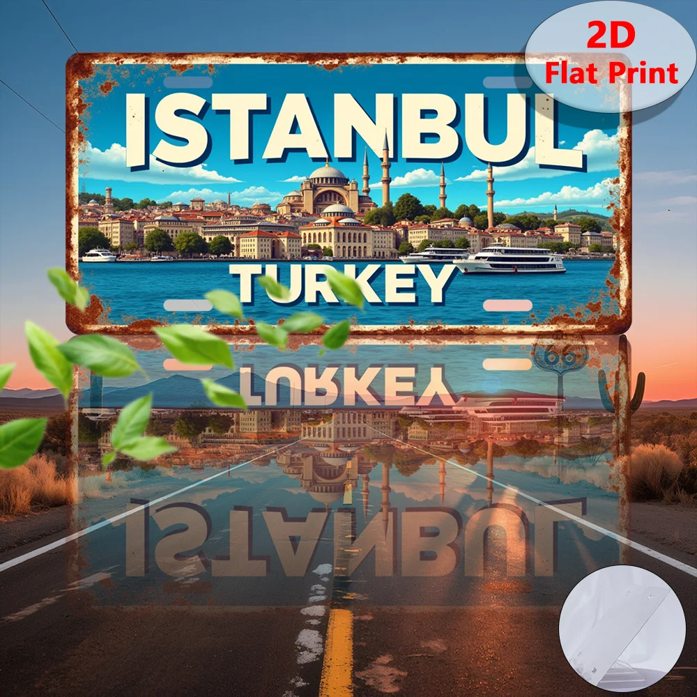 2D Flat 1pc Vintage Istanbul Turkey Metal Wall Art Sign, Retro Blue & Skyline, Turkish License Plate for Home, Cafe, Garage