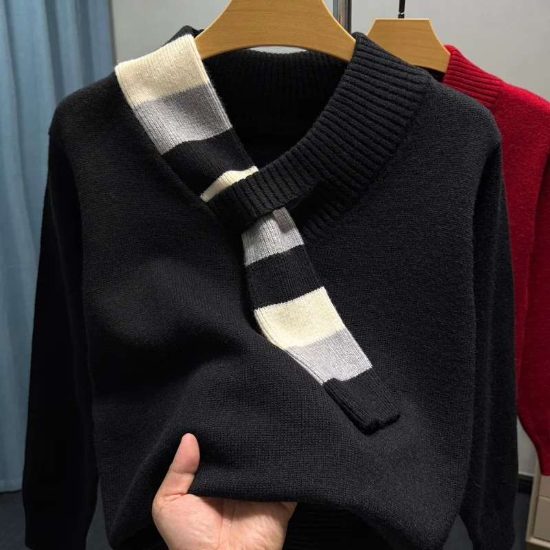 

Men's New High-end Design Autumn Sweater Thick With Scarf High-Quality Warm Base Layer Shirt Knitted Shirt Trendy Pullover Shirt