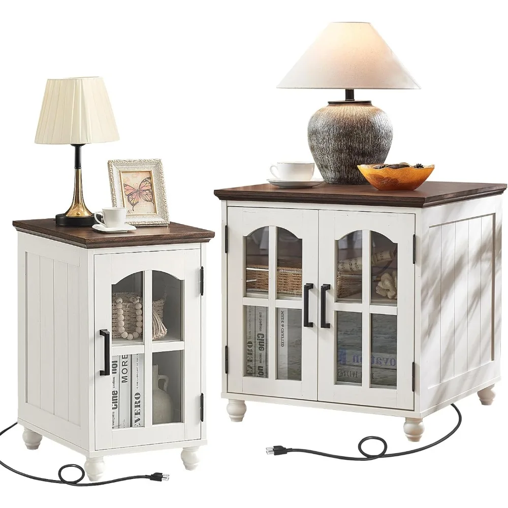 

Set of 2 with Charging Station, 18'' Narrow Side Table and 24" Large Sofa Side with Glass Barn Door Storage, End Tables