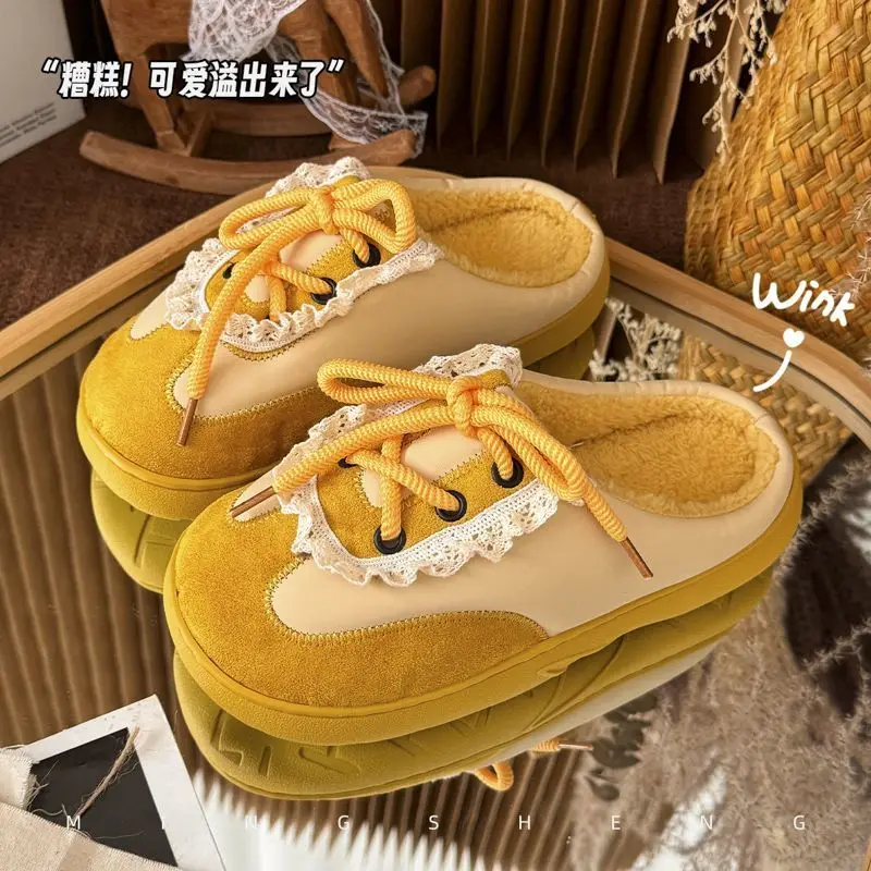 

Designer Cross-tied Flock Slippers Woman Autumn Winter Fur Slippers Home Casual JK Lace Edged Retro Court Style Slippers