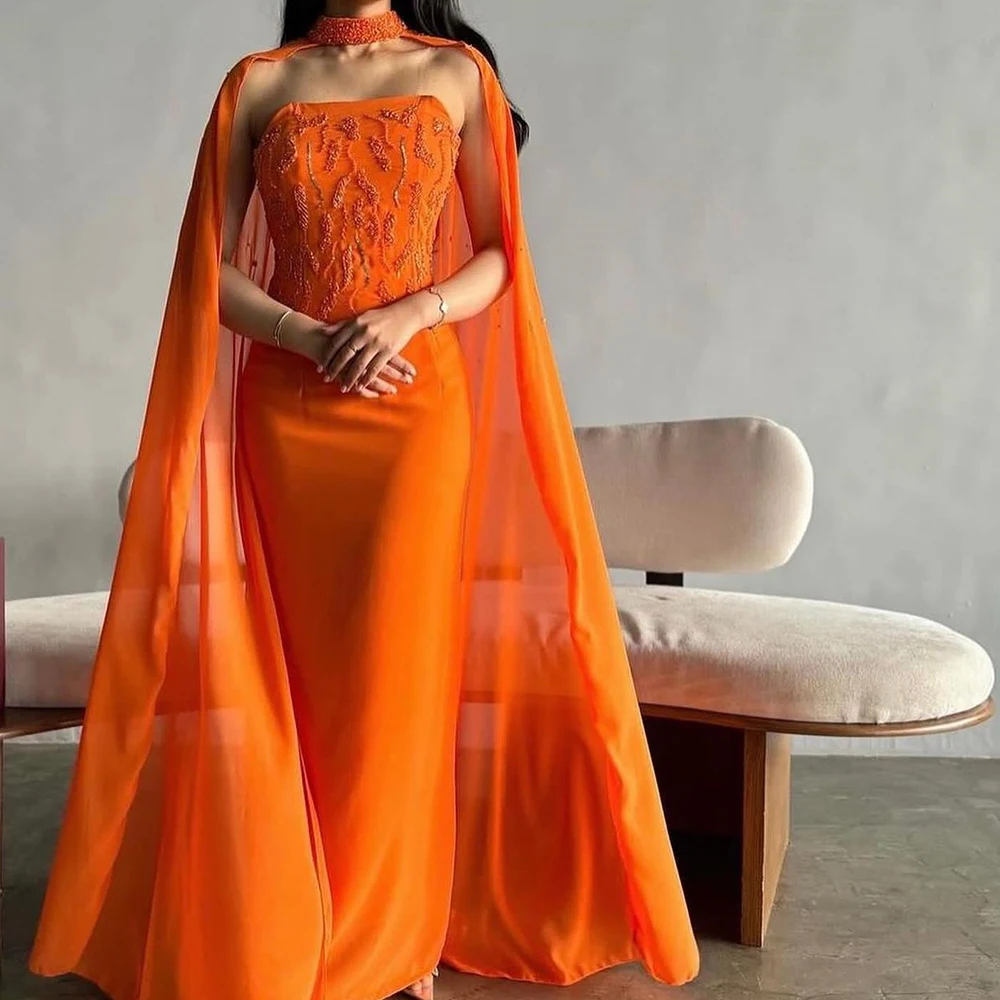 

Customized Exquisite Orange Chiffon Lace and Sequined Evening Dress with Shawl Modern Strapless Sleeveless Homecoming Dresses