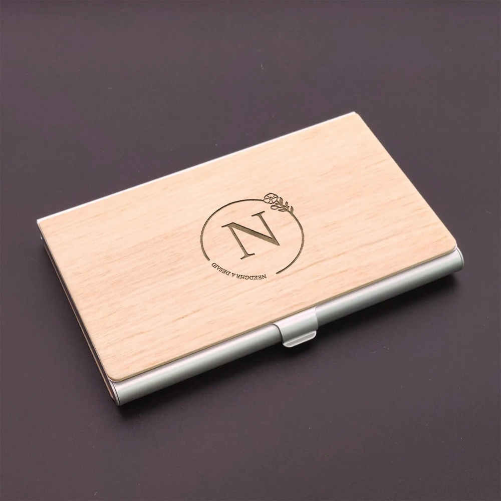 1 piece of wooden+aluminum alloy flip top business card box, ultra-thin metal card bag, laser engraved custom logo, men's and wo