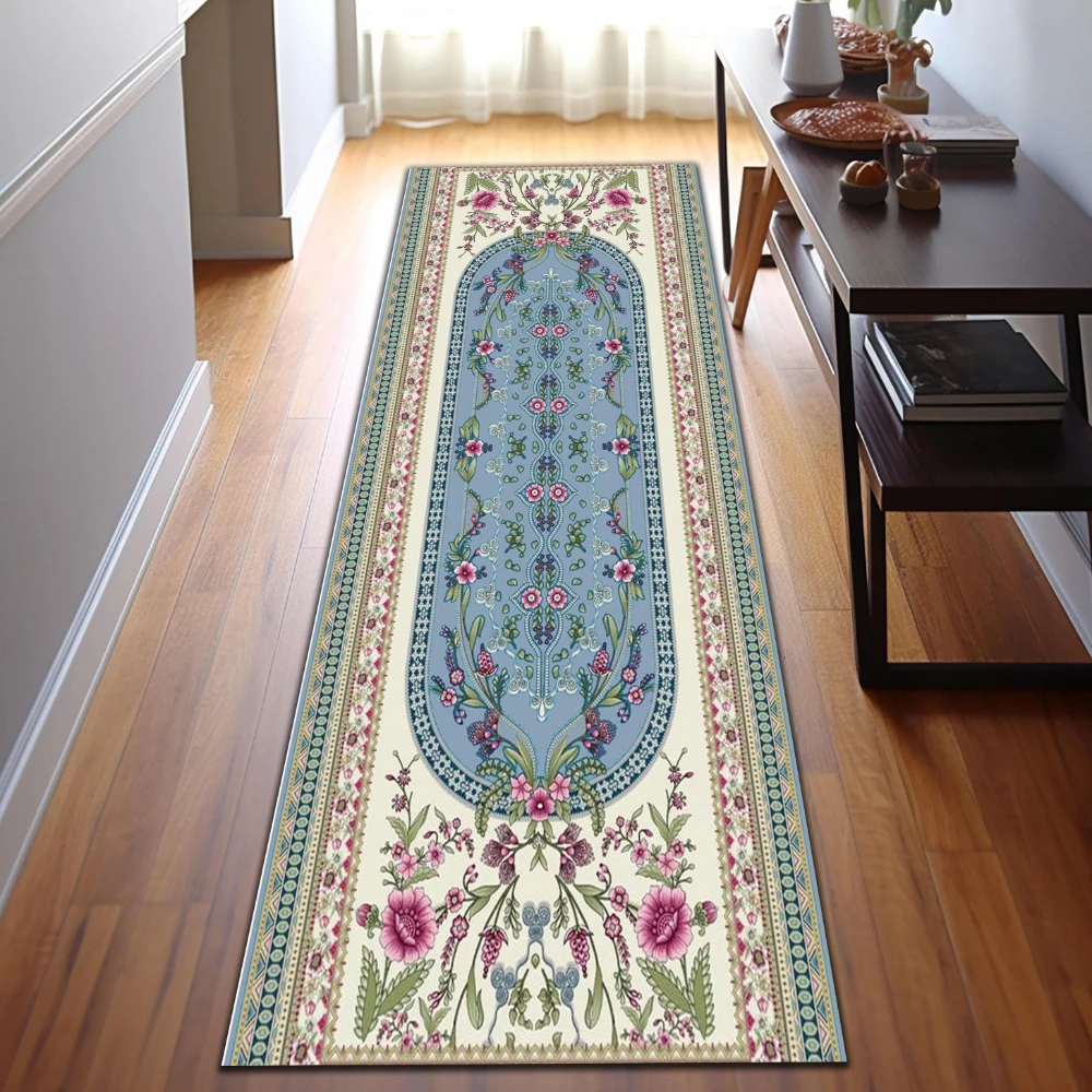 Retro Light Blue Floral Botanical print rug bedroom bathroom entryway patio Runner Rug nonslip Entry Door Mat decor Present