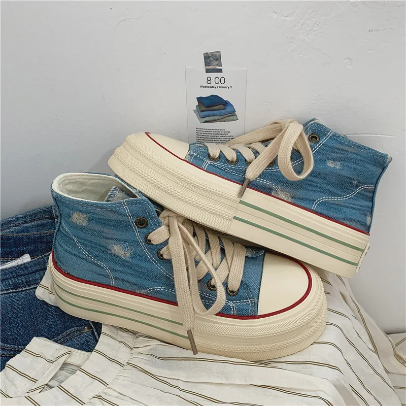 2024 New Pink Women Denim Canvas Shoes High Top Female Thick Sole Canvas Sneakers Lace Up Girls Students Navy Blue Short Boots