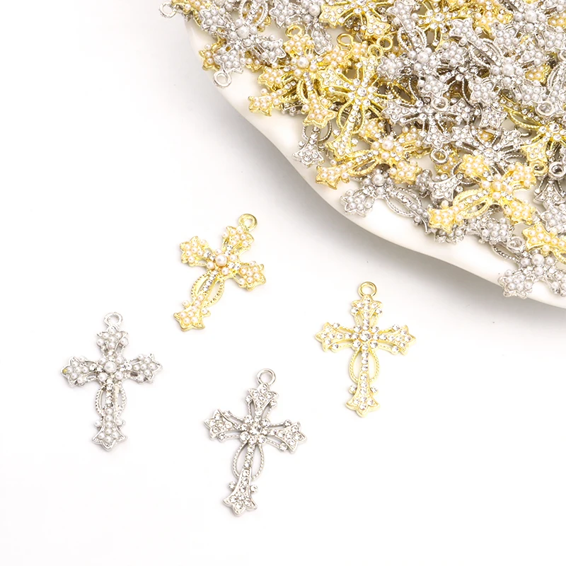 10pcs Baroque Style Rhinestones&Pearls Inlaid Cross Charms for DIY Delicate Shiny Necklace Earring Christian Jewelry Accessories